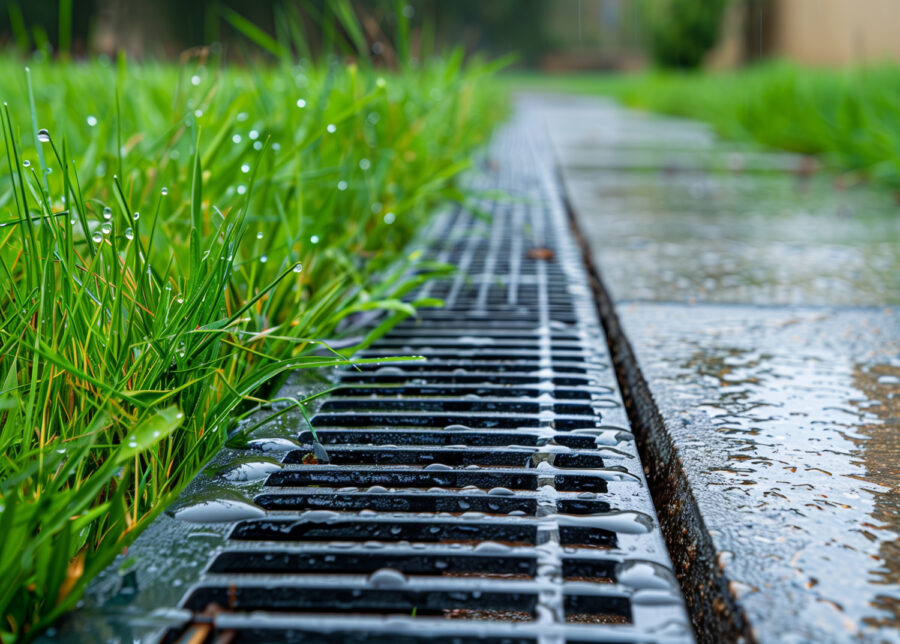Metal channel drain grate beside wet grass