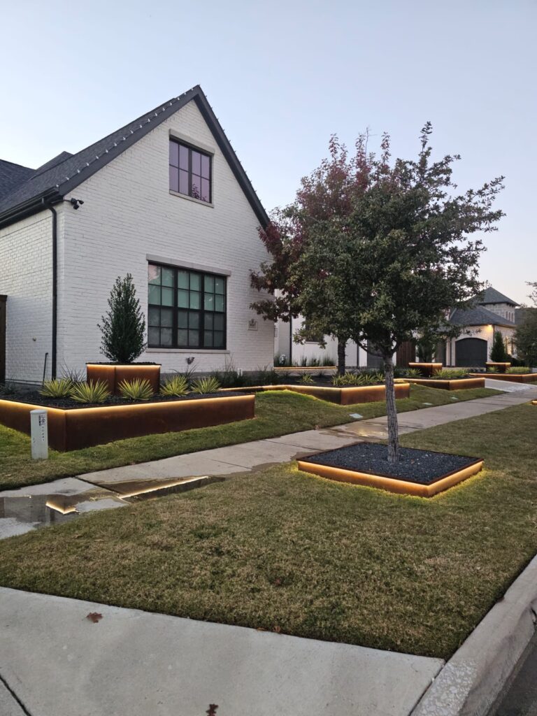 Landscape lighting along a front garden