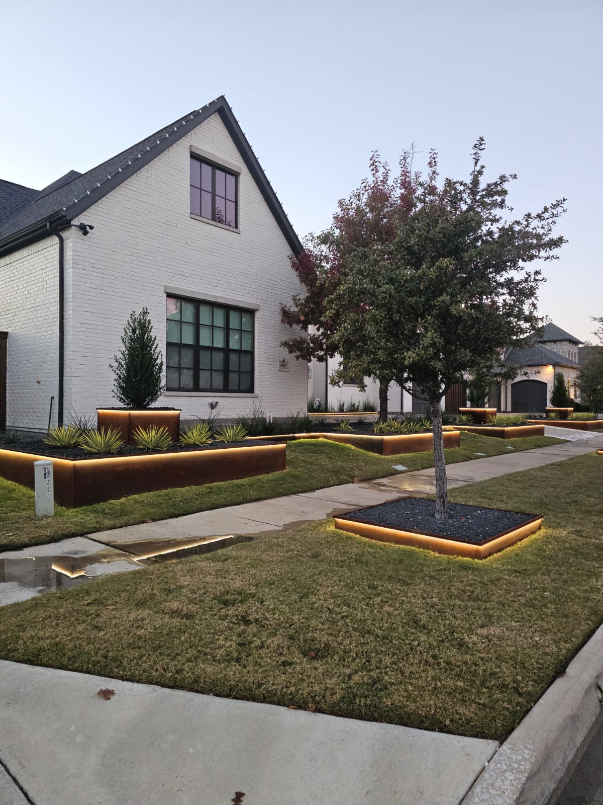 Landscape lighting installed along a front yard garden