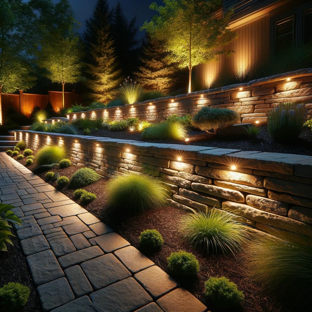 Stone retaining walls lit with landscape lights at night